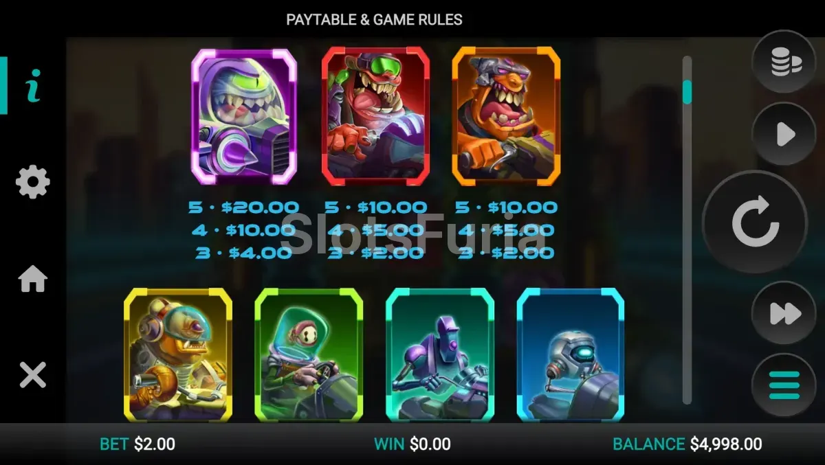 Tabla de pagos de Galactic Racers Dream Drop con sus símbolos alienígenas