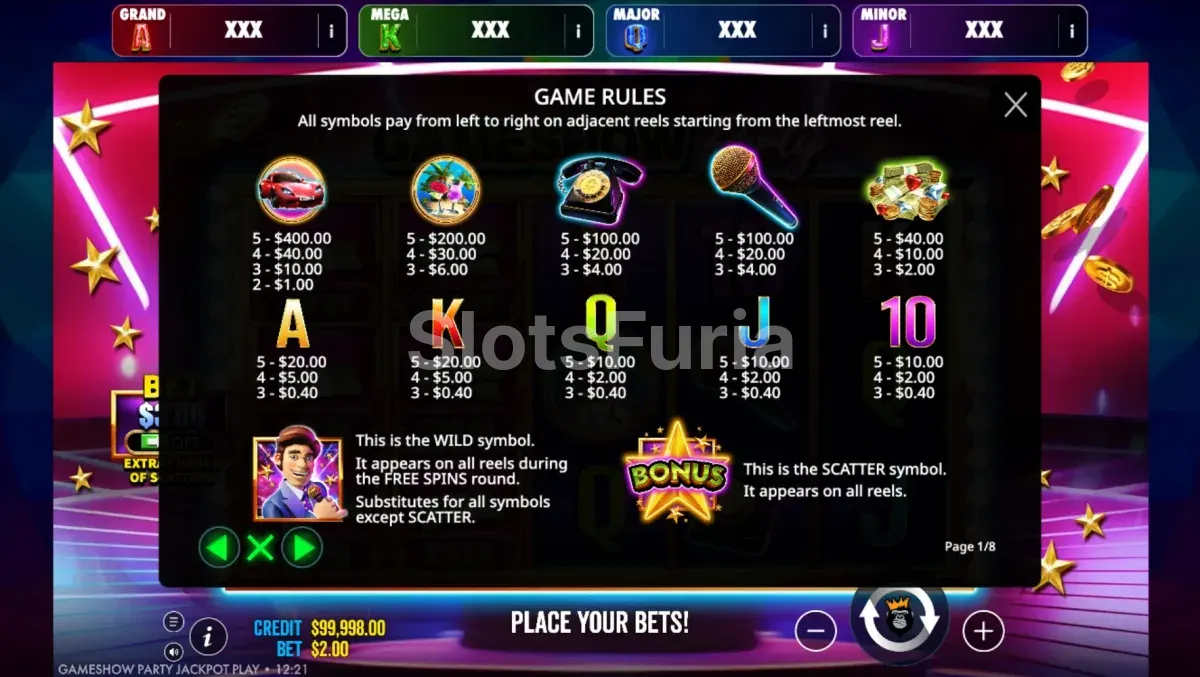 Tabla de pagos de Gameshow Party Jackpot con valores de símbolos y jackpots
