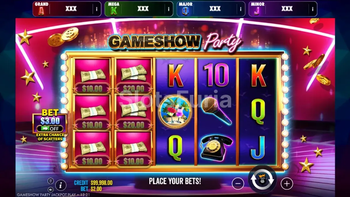 Juego base de Gameshow Party Jackpot con los rodillos en el plató televisivo