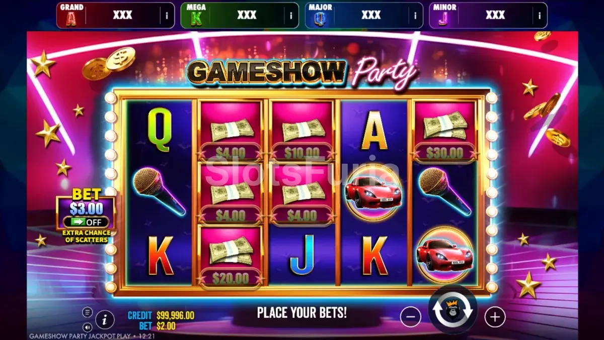 Segunda vista del juego base de Gameshow Party Jackpot con símbolos de dinero