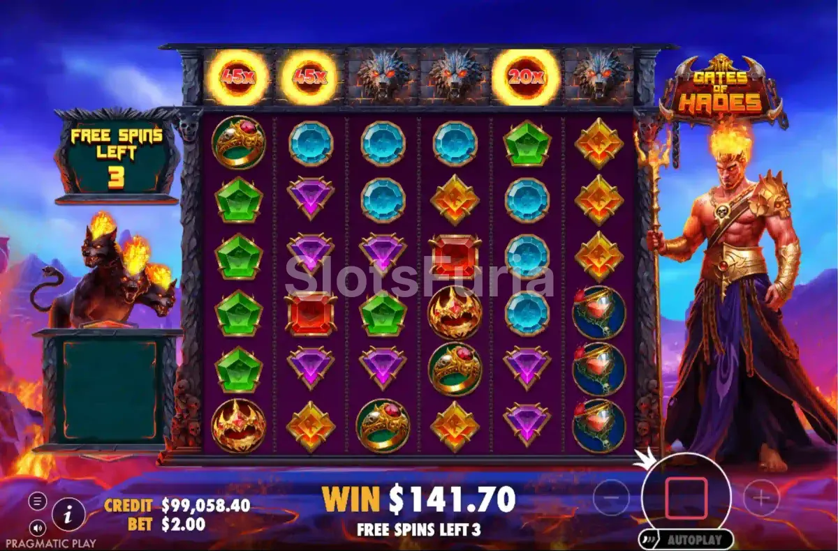Ronda de giros gratuitos activa en Gates of Hades con multiplicadores en pantalla