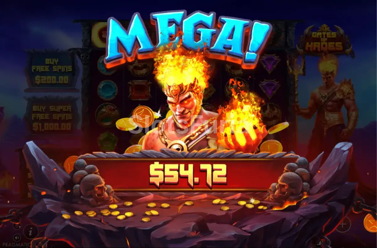 Pantalla de gran victoria en Gates of Hades con multiplicador máximo activo