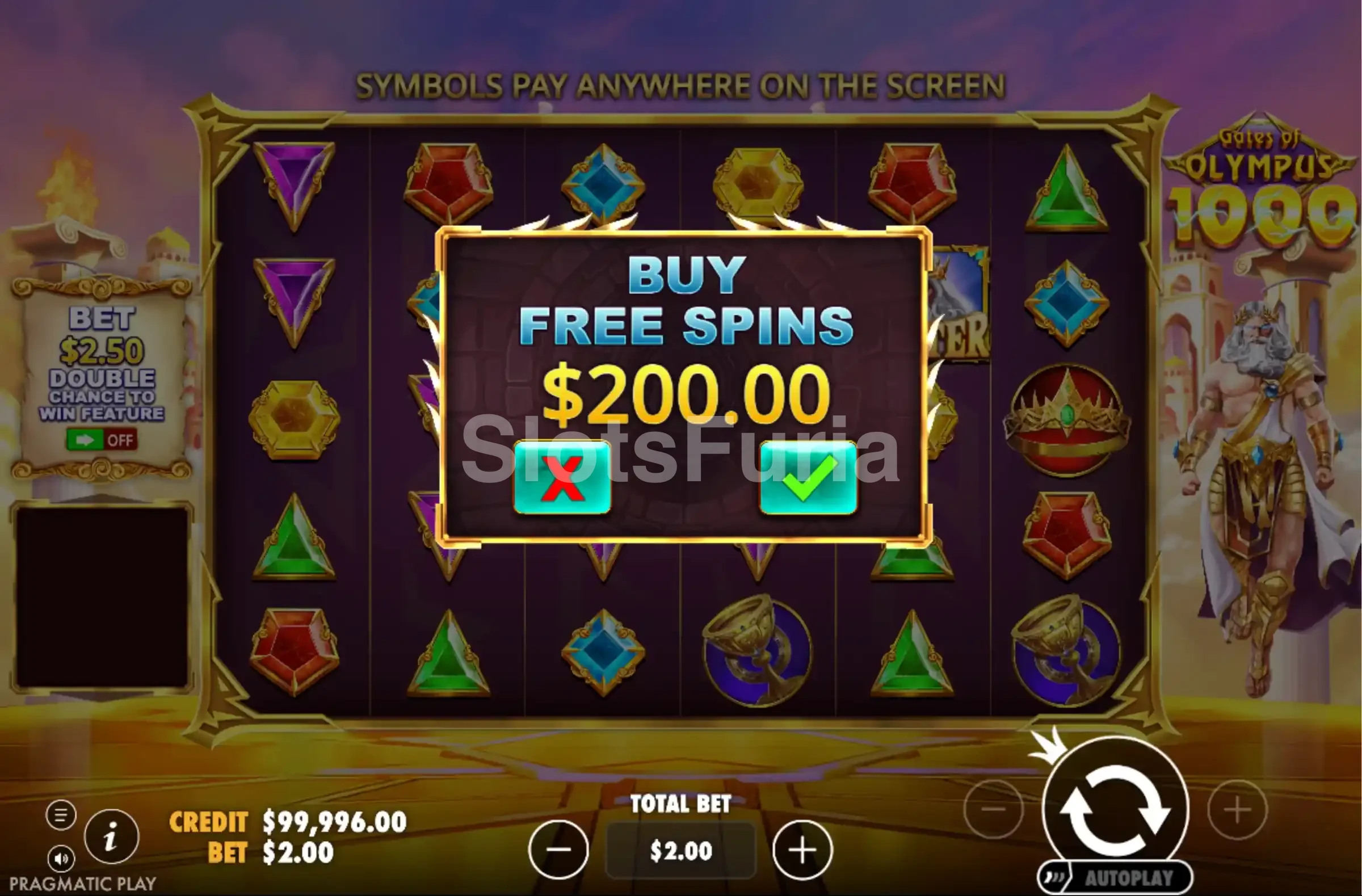 Pantalla de compra de bonus en Gates of Olympus 1000