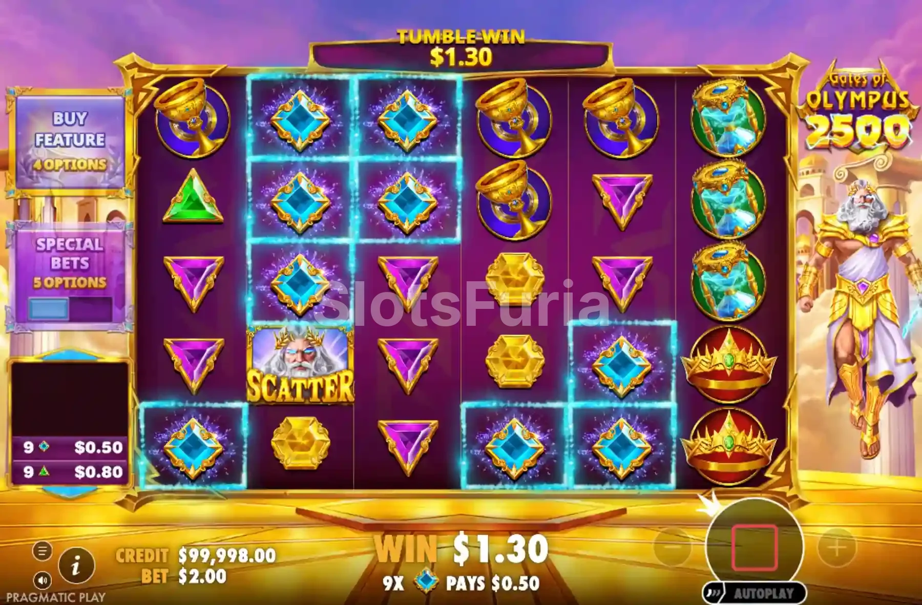 Juego base de Gates of Olympus 2500 con la grilla de 6 rodillos y 5 filas