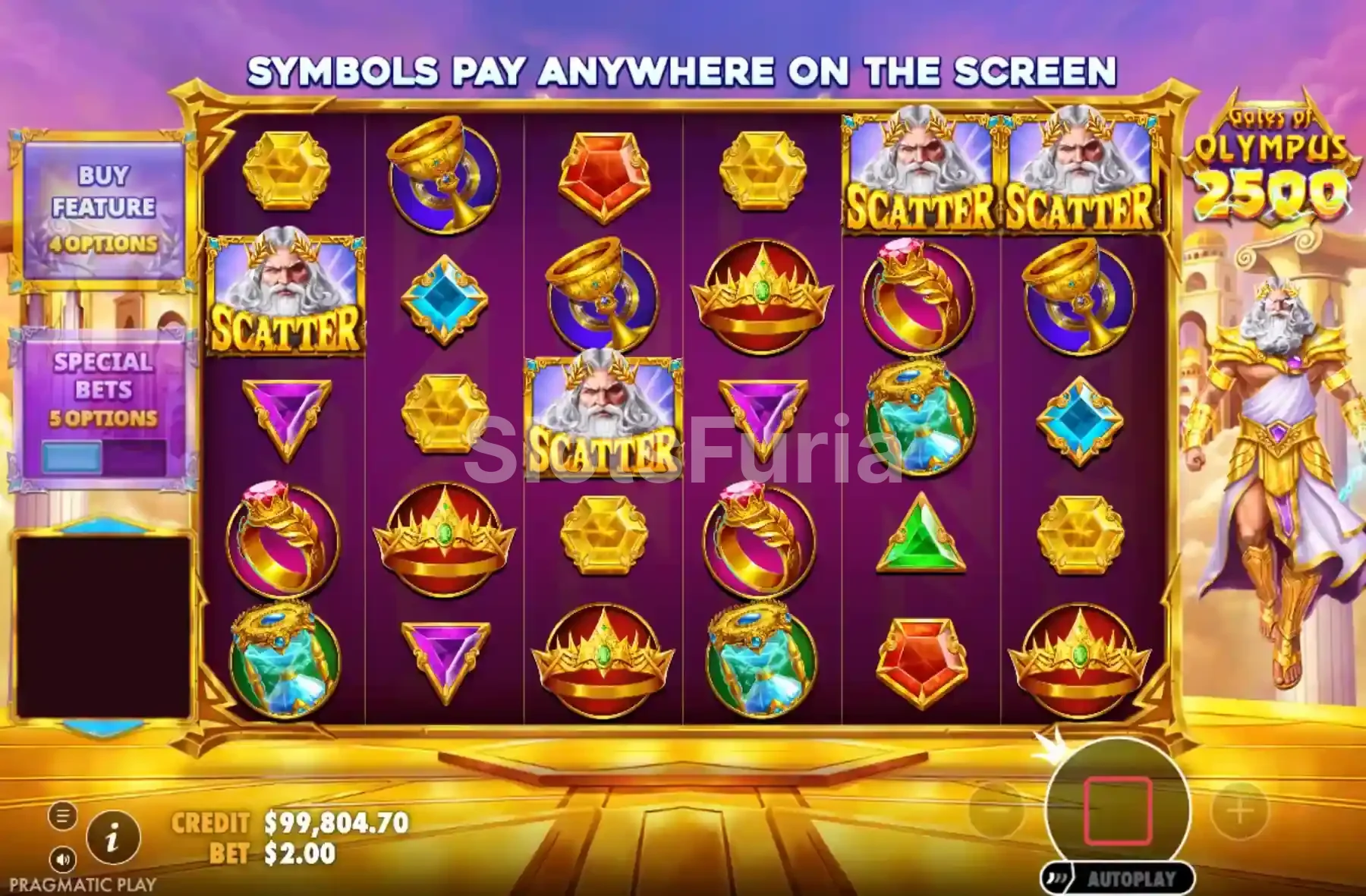 Scatters activando los giros gratis en Gates of Olympus 2500