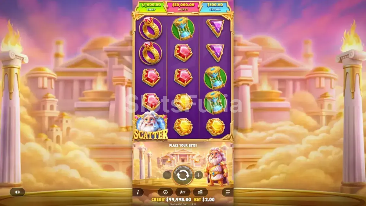 Pantalla de juego base de Gates of Olympus POP mostrando símbolos activos