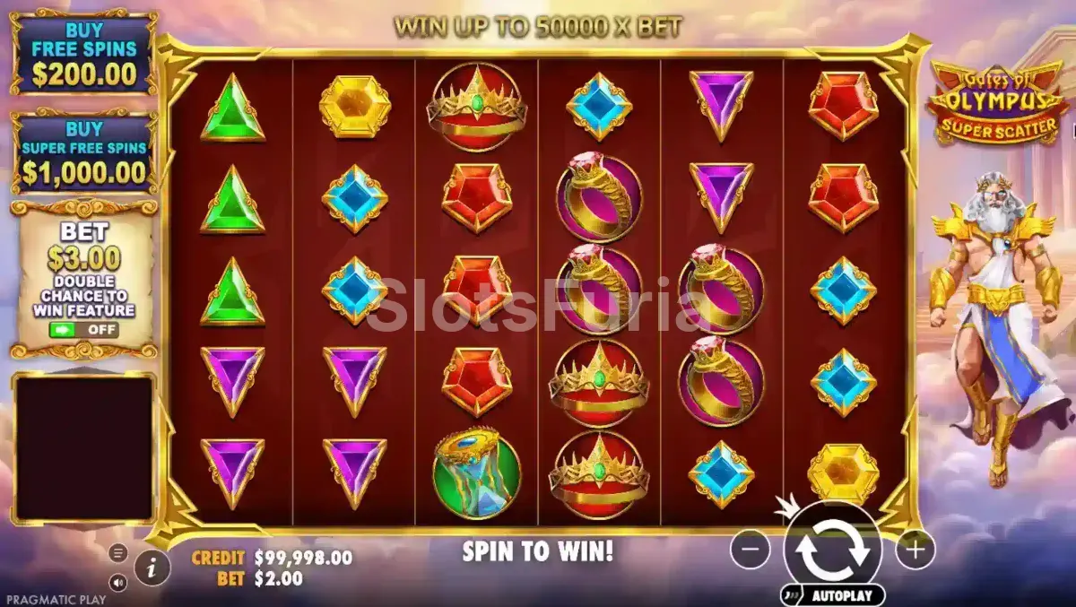 Juego base de Gates of Olympus Super Scatter, tragamonedas de Pragmatic Play