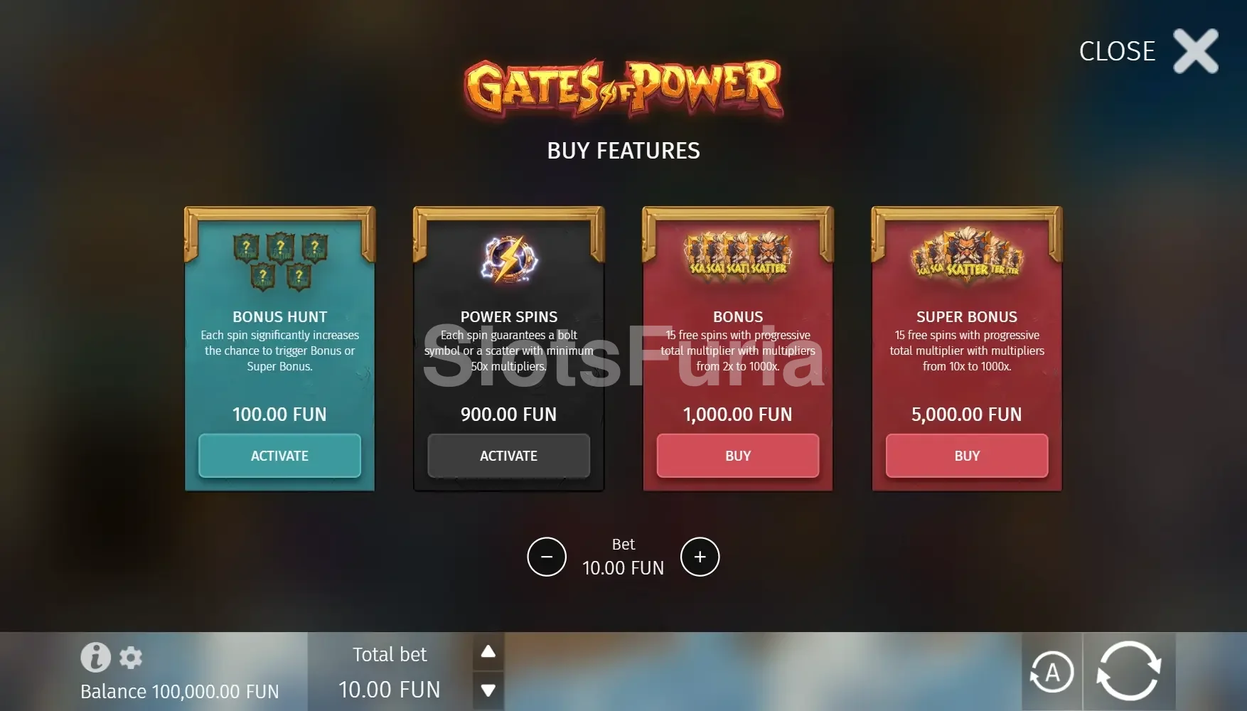 Interfaz de compra de bonus en Gates of Power