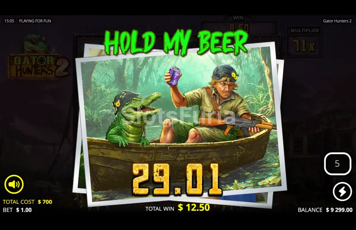 Pantalla de gran premio en Gator Hunters 2 con el multiplicador acumulado