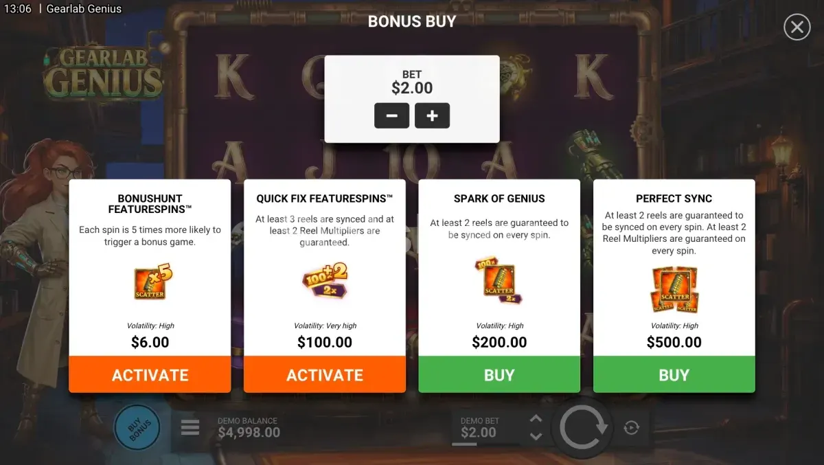 Pantalla de compra de bonus en Gearlab Genius