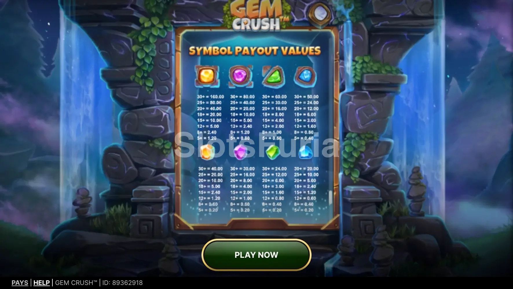 Tabla de pagos completa de Gem Crush mostrando el valor de cada símbolo