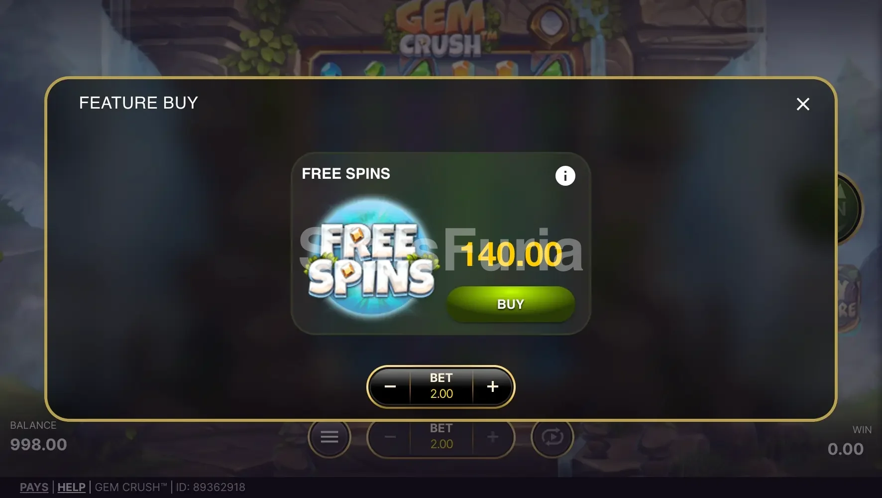 Pantalla de compra de bonus en Gem Crush con las opciones disponibles para activar directamente las tiradas gratis