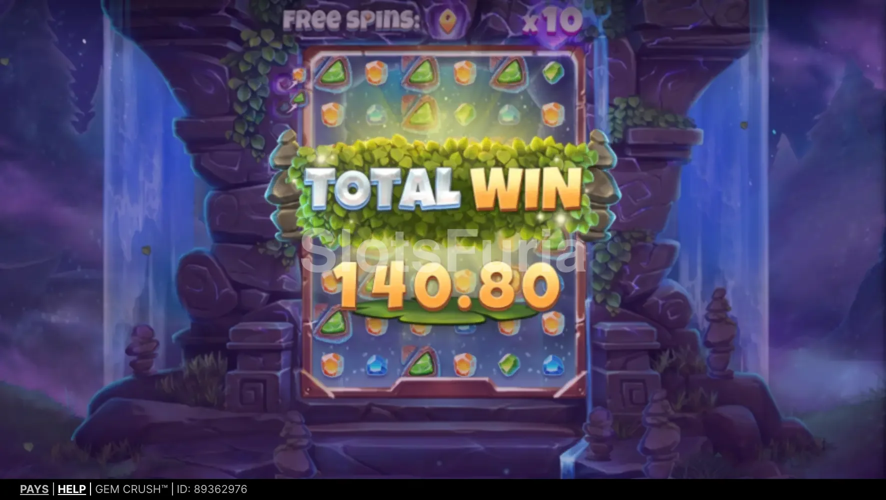 Pantalla de gran victoria en Gem Crush con el marcador de ganancias en su punto más alto