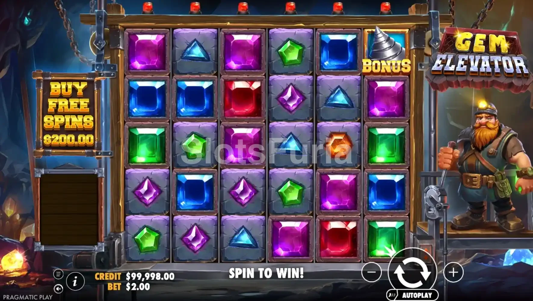 Pantalla principal del juego Gem Elevator con sus 6 rodillos