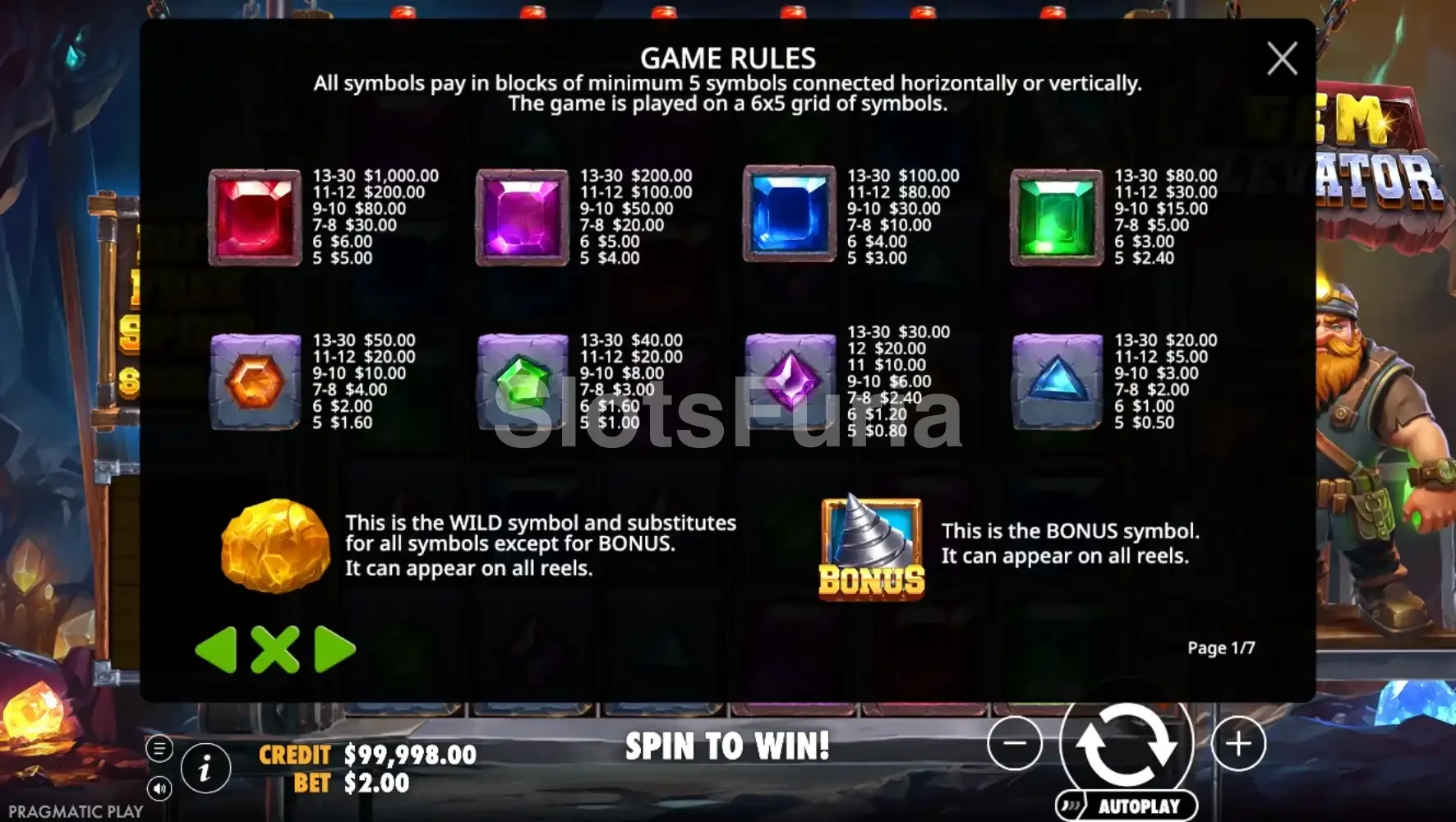 Tabla de pagos de la slot Gem Elevator con sus símbolos y valores