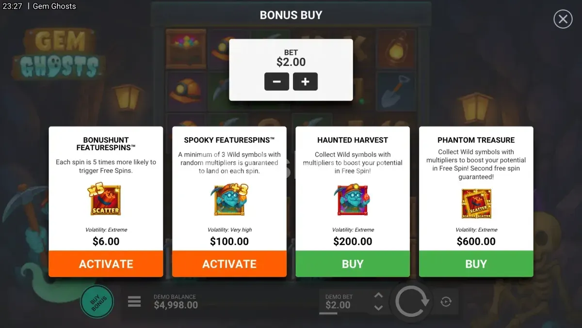 Pantalla de compra de bono en Gem Ghosts de Hacksaw Gaming