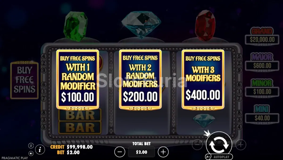Menú de compra de bonos en Gem Trio de Pragmatic Play