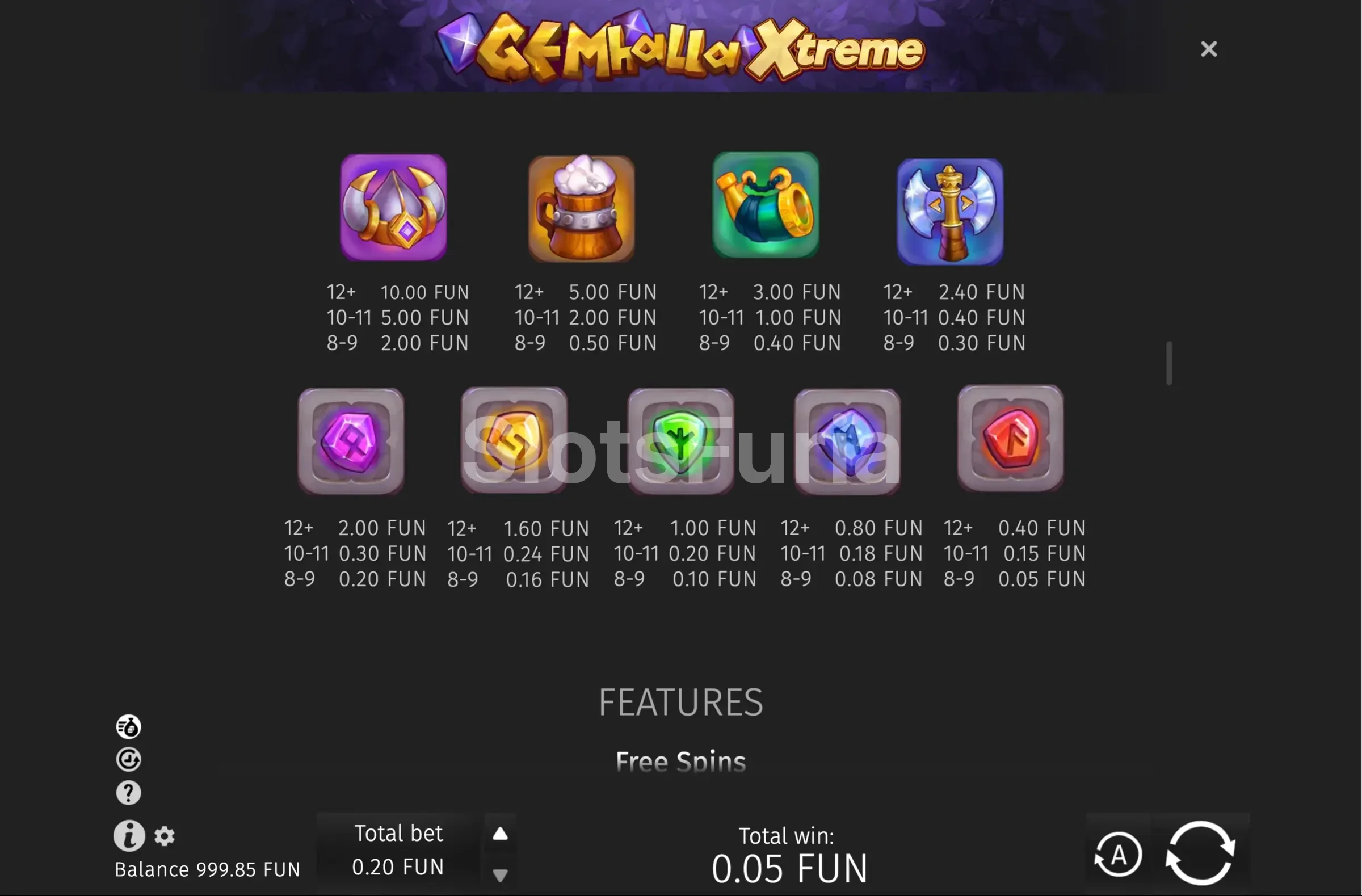 Tabla de pagos de Gemhalla Xtreme con todos los símbolos
