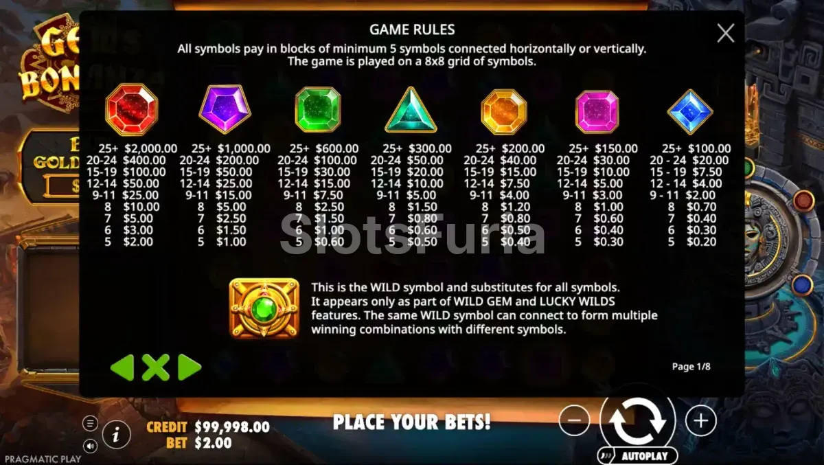 Tabla de pagos con los símbolos de gemas de Gems Bonanza