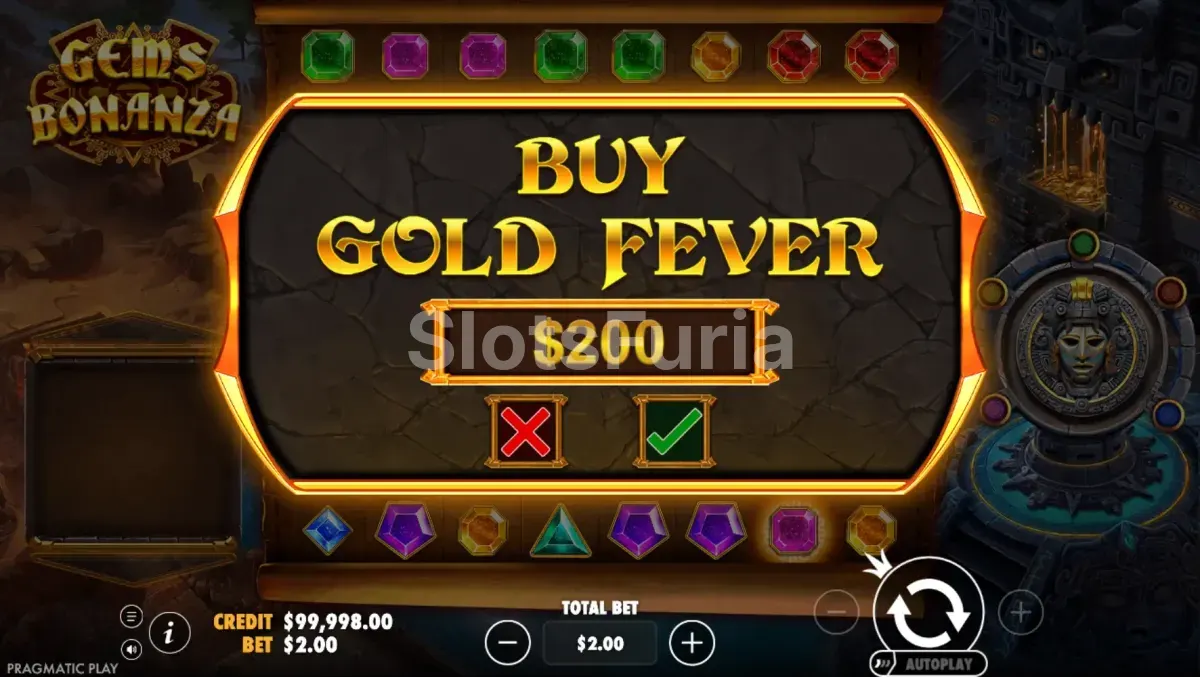 Pantalla de compra de bono disponible en Gems Bonanza