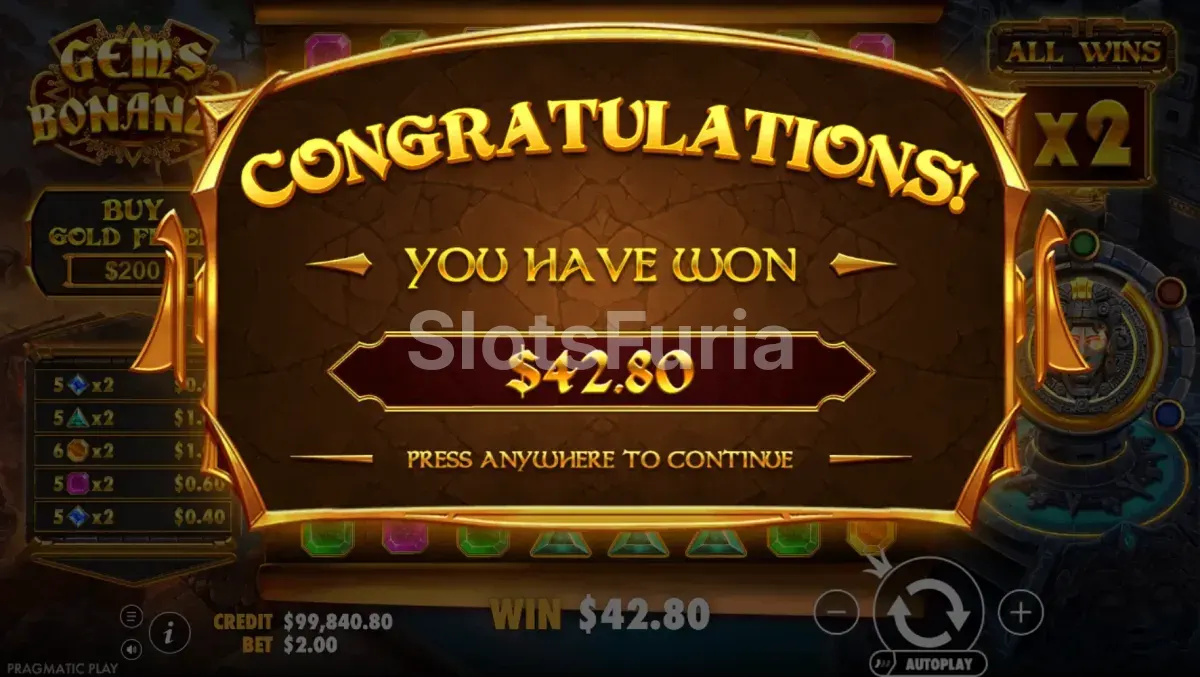 Gran victoria registrada durante una sesión de Gems Bonanza