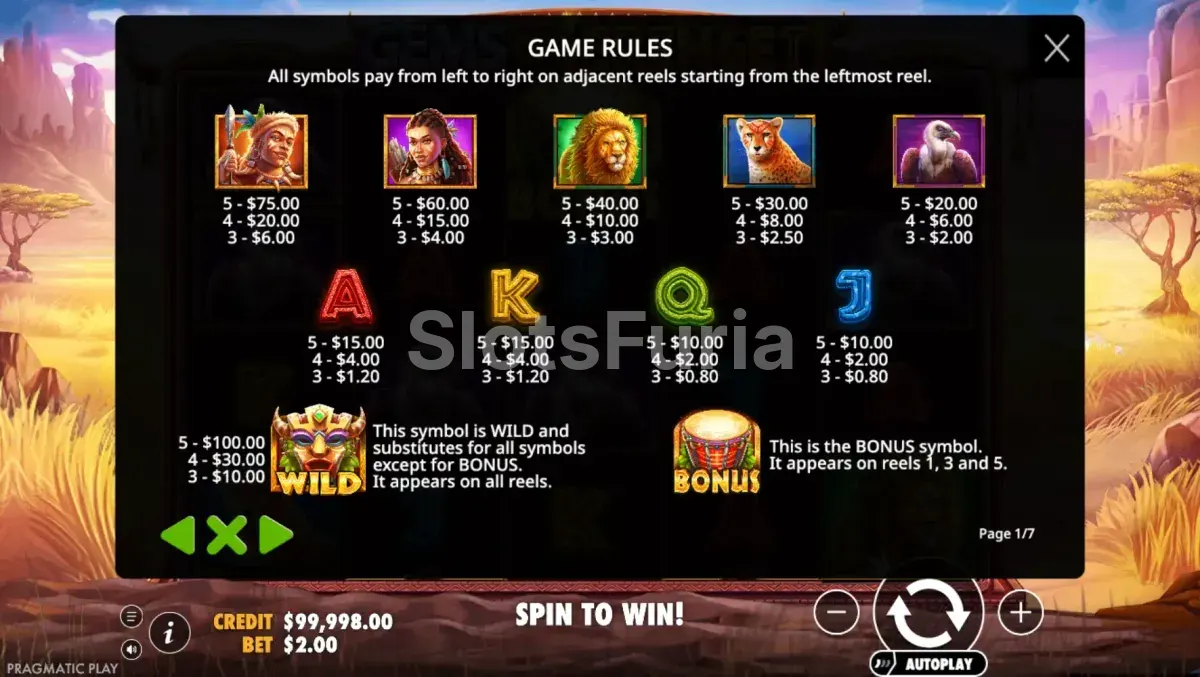 Tabla de pagos completa de Gems of Serengeti