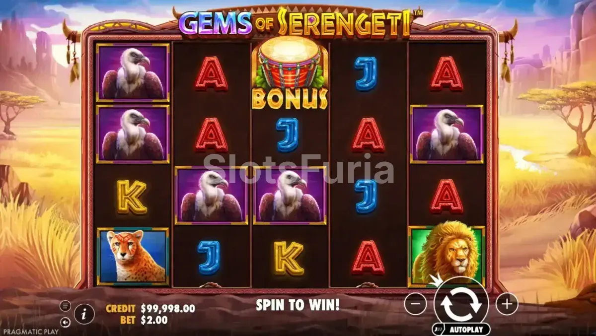 Pantalla principal de Gems of Serengeti con el tablero de juego