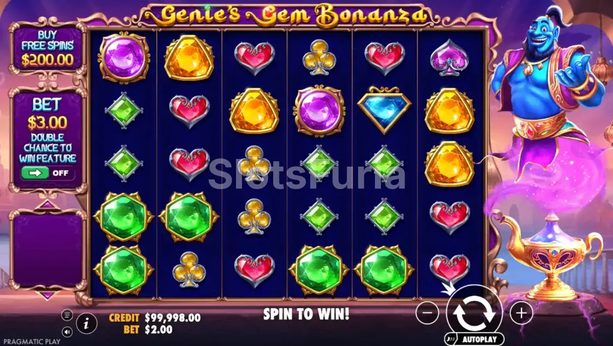 Pantalla principal de Genie's Gem Bonanza con la cuadrícula de gemas y el genio azul