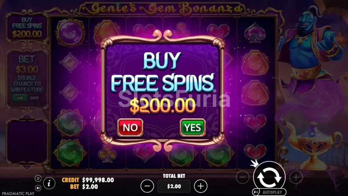 Opción de compra de bono en Genie's Gem Bonanza con precio de 100x la apuesta