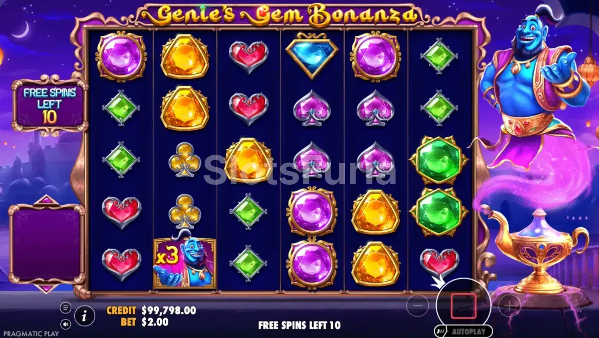 Ronda de giros gratis activa en Genie's Gem Bonanza con multiplicadores visibles