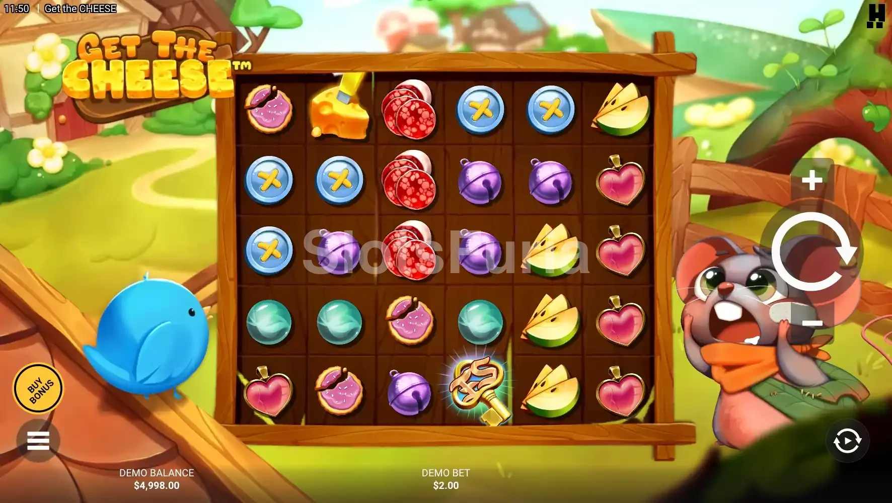 Pantalla principal de la slot Get The Cheese con su cuadrícula de 6x5