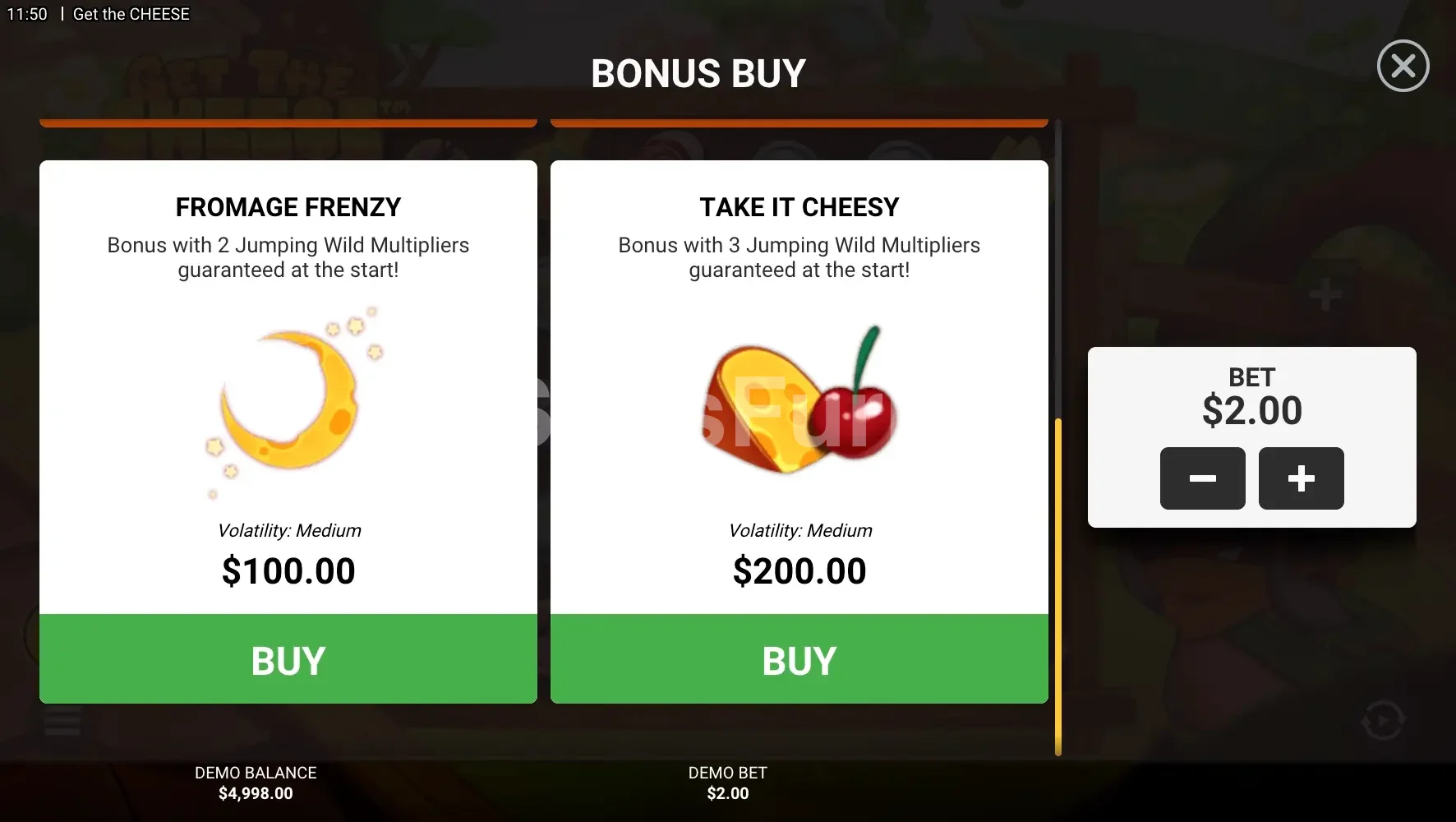 Opciones de compra de bonus en Get The Cheese de Hacksaw Gaming