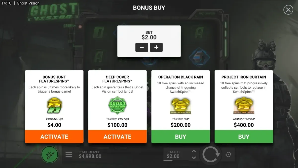 Panel de compra de bonos de Ghost Vision con las opciones disponibles