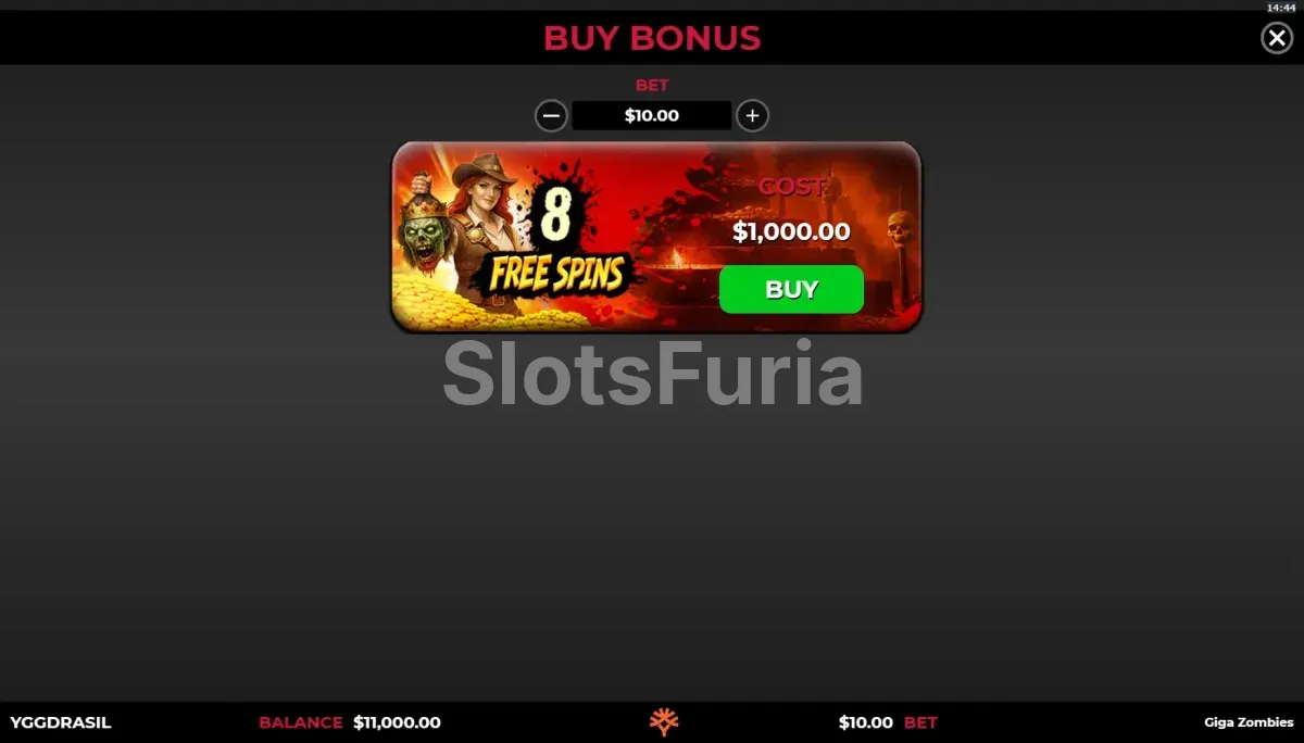 Pantalla de compra de bonus en Giga Zombies con opciones de activación directa