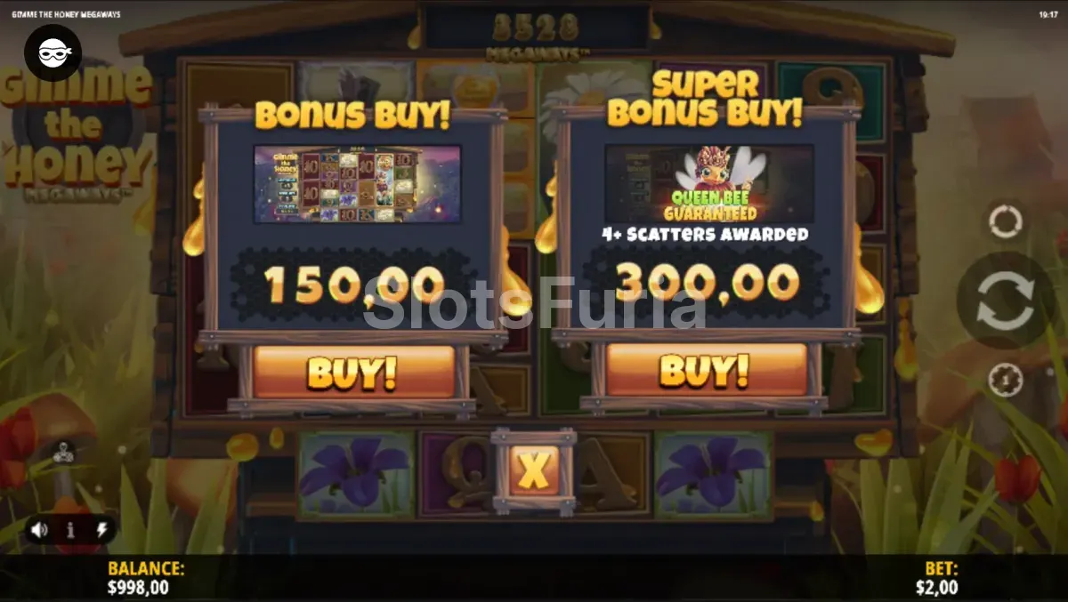 Pantalla de compra de bonus en Gimme the Honey Megaways