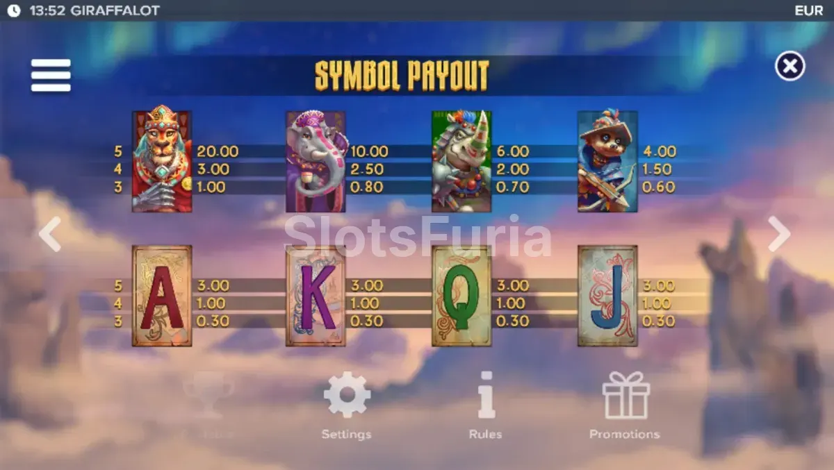 Tabla de pagos y símbolos de Giraffalot