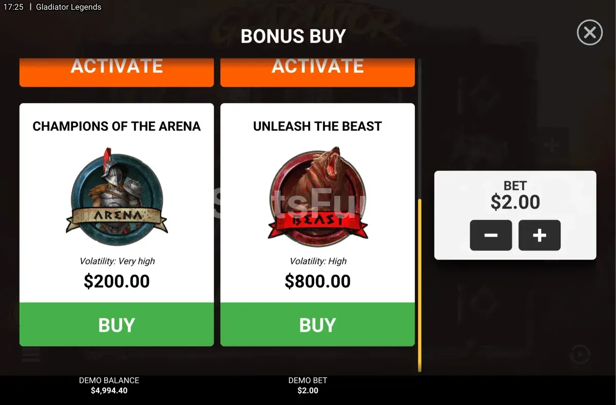 Pantalla de compra de bonus de Gladiator Legends con opciones de precio