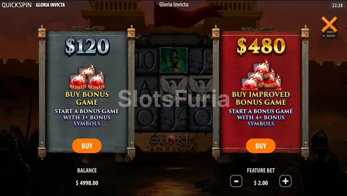 Pantalla de compra de bonus en Gloria Invicta de Quickspin