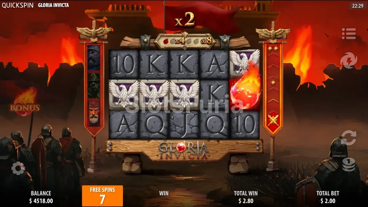 Modo de giros gratis activado en Gloria Invicta con multiplicadores