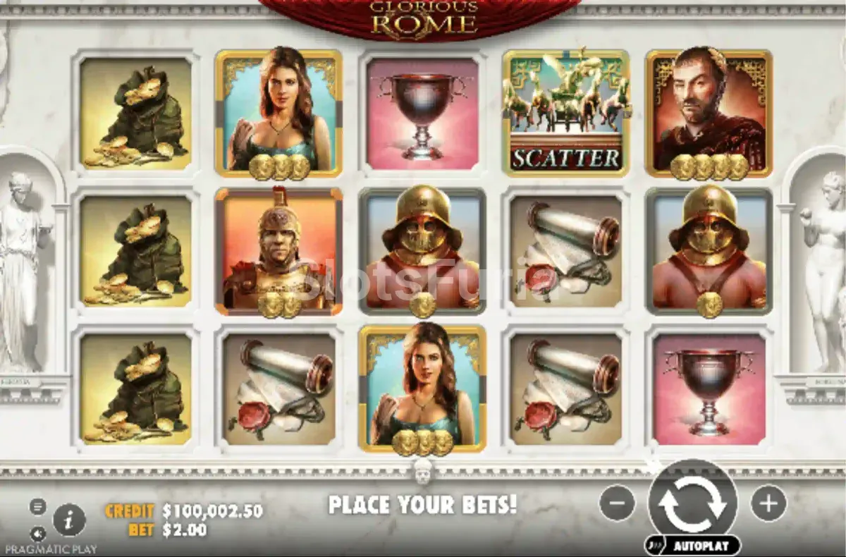 Juego base de Glorious Rome con sus cinco carretes y simbologías romanas