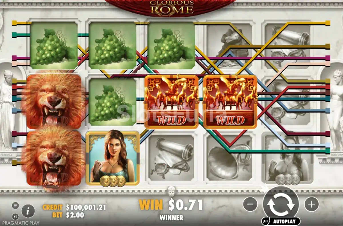 Segunda vista del juego base de Glorious Rome mostrando combinaciones ganadoras activas
