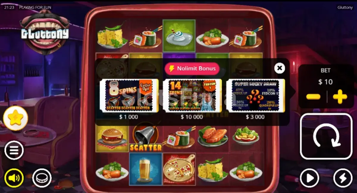 Menú de compra de bono de Gluttony con tres precios