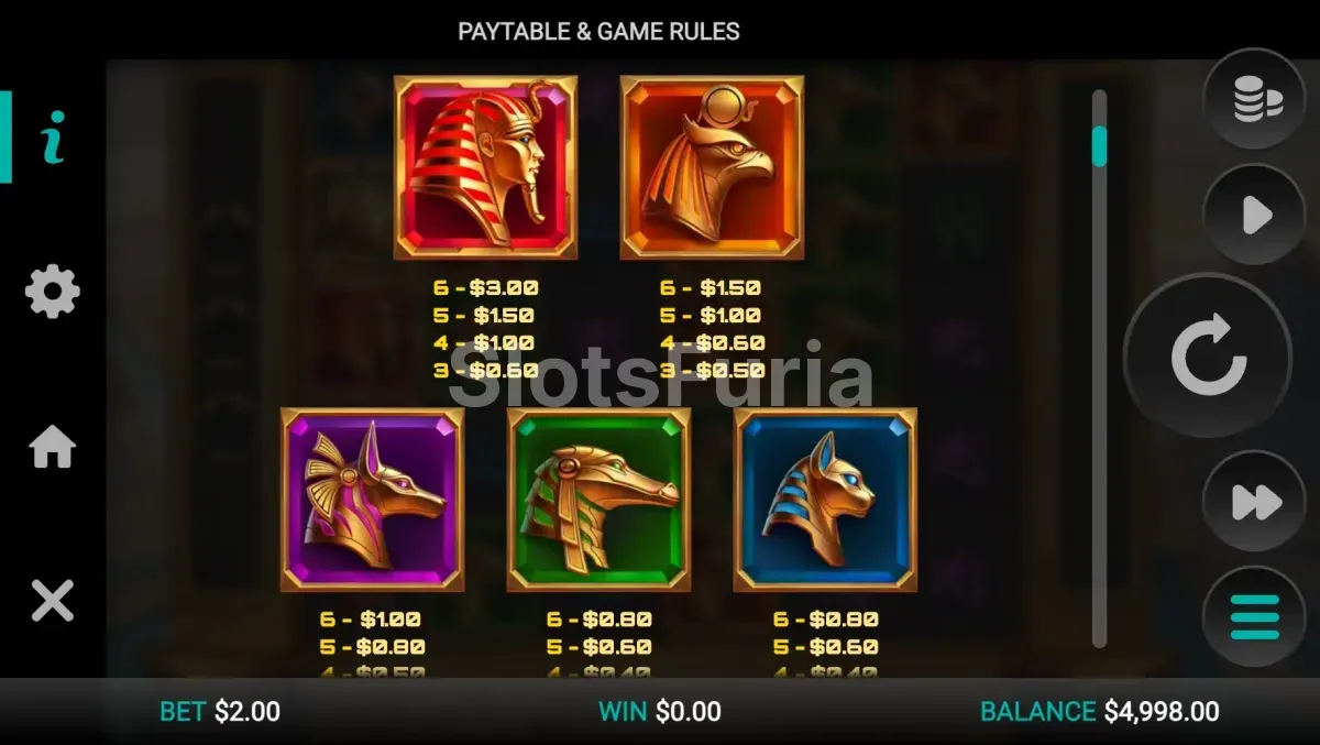 Tabla de pagos de Glyph of Gods con símbolos jeroglíficos y premiums