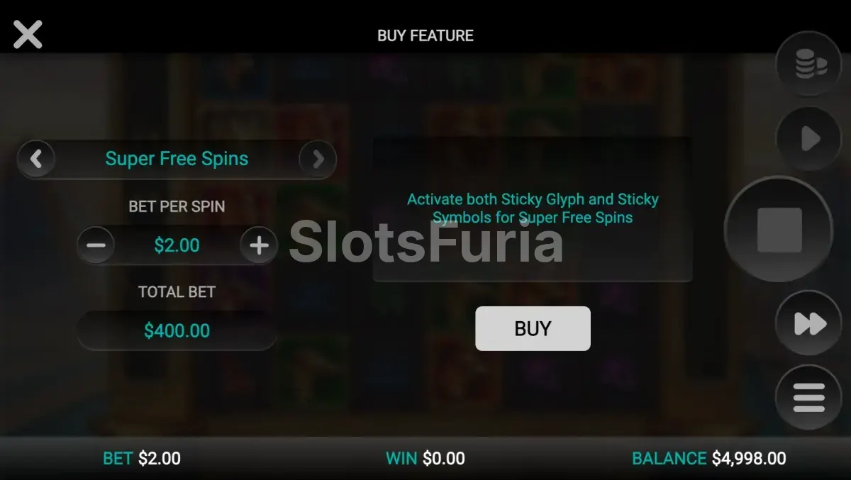 Pantalla de compra de bonos en Glyph of Gods con opciones de free spins