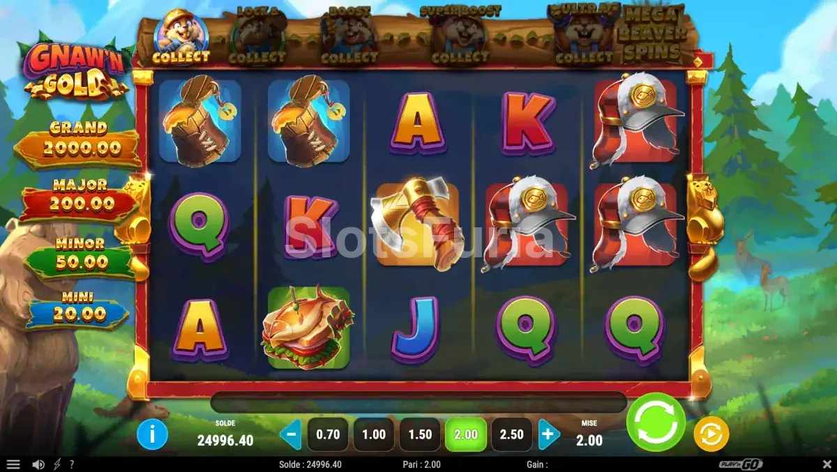 Pantalla principal del juego Gnaw'n Gold con los castores en acción