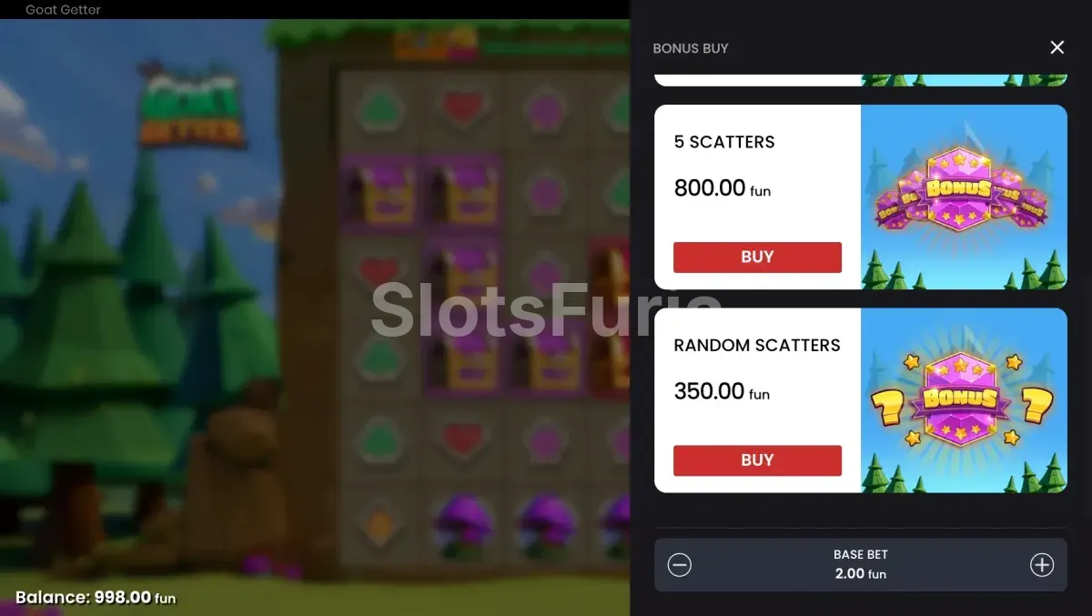 Menú de compra de bonos en Goat Getter con opciones disponibles
