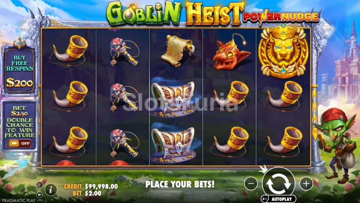Juego base de Goblin Heist Powernudge con cuadrícula 5x3 y símbolos de fantasía