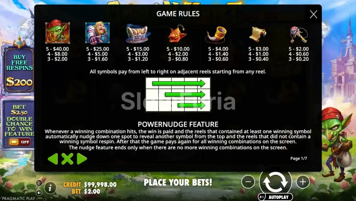 Tabla de pagos de Goblin Heist Powernudge con todos los símbolos y valores