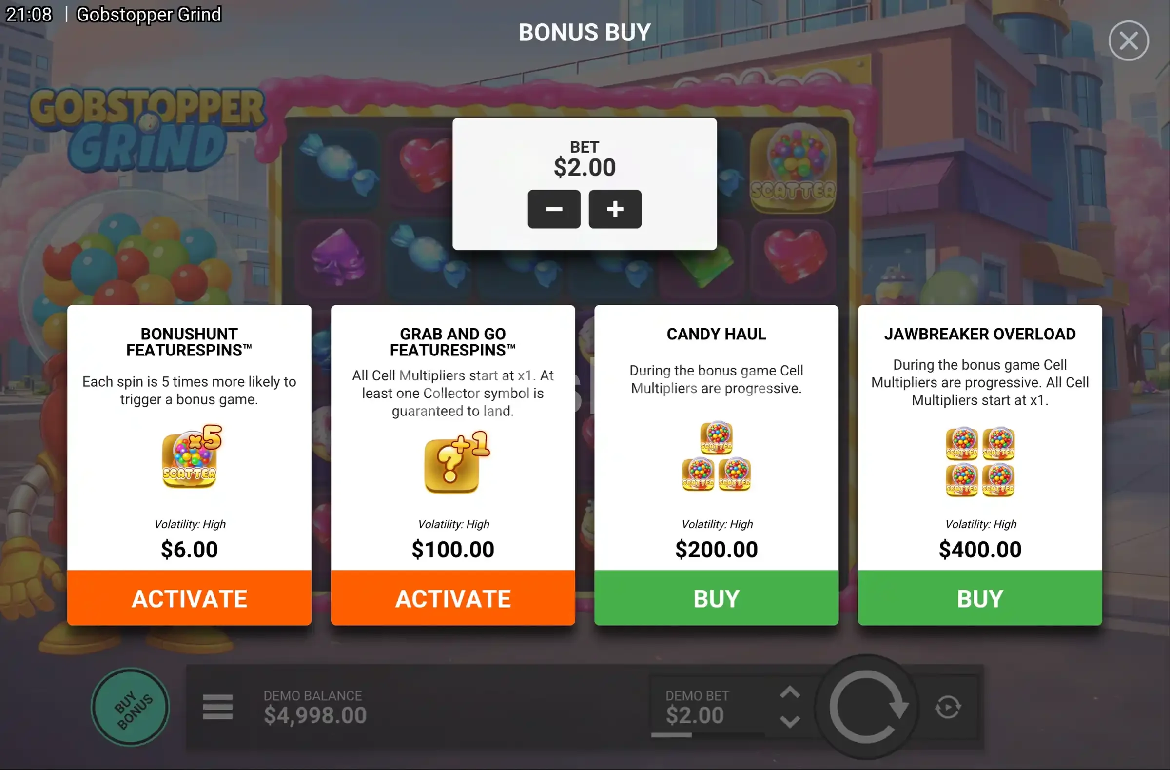 Pantalla de compra de bonus en Gobstopper Grind con las opciones disponibles