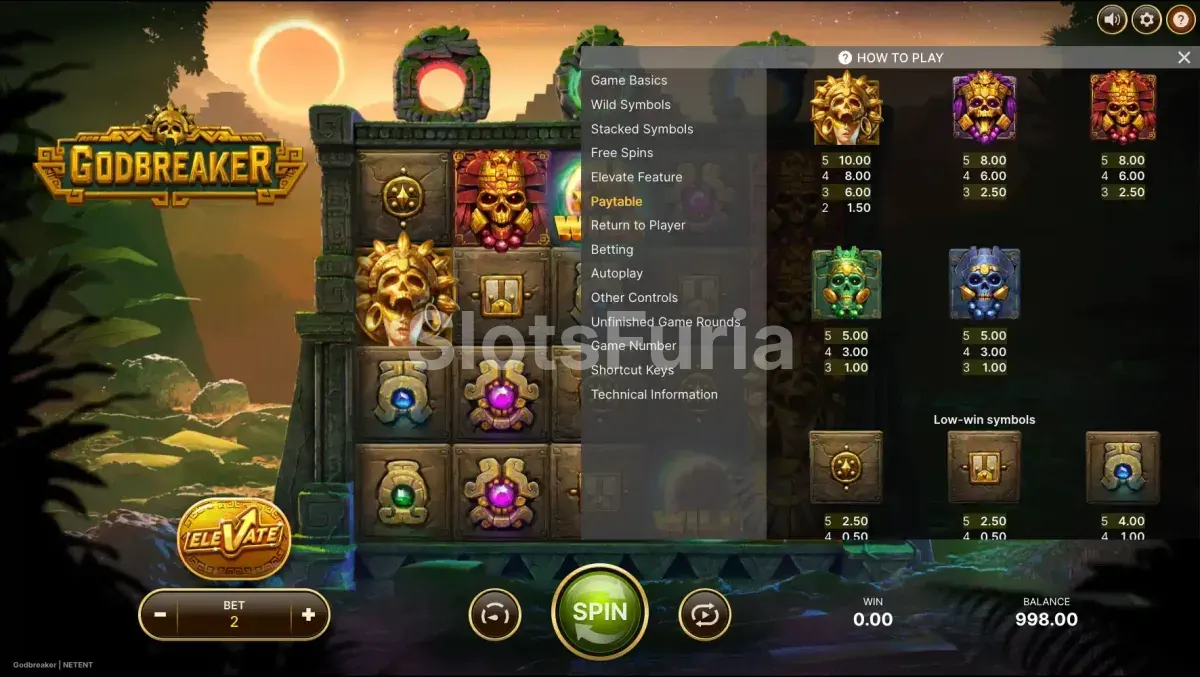 Tabla de pagos completa de Godbreaker explicando cada símbolo